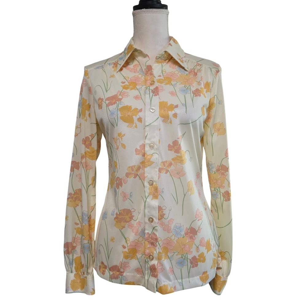 70s Retro Butter Yellow Pastel Floral Dagger Collar Button Down Shirt Size S